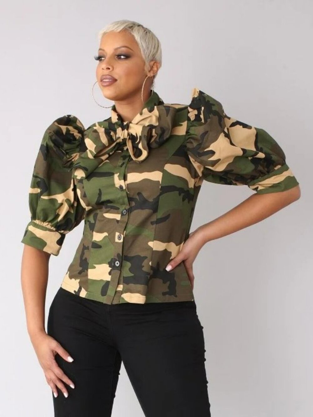 NWT For Her NYC Camo Button-Front Puff Sleeve Blouse with Tie Feature - XL